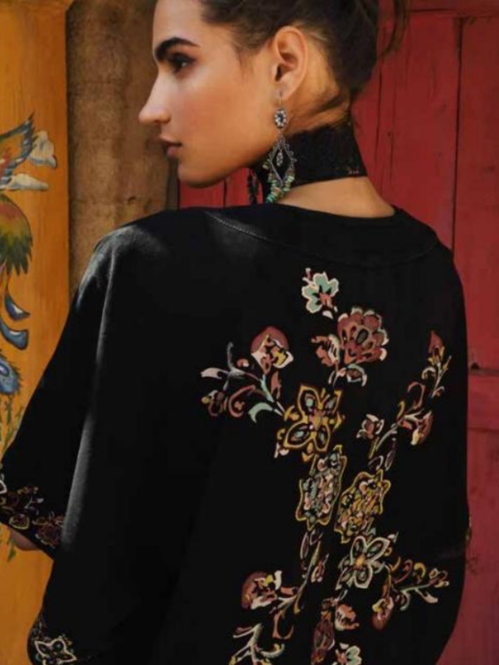 Double D Ranch Old Siam Black Leather Embroidered painted floral kimono RTL 995